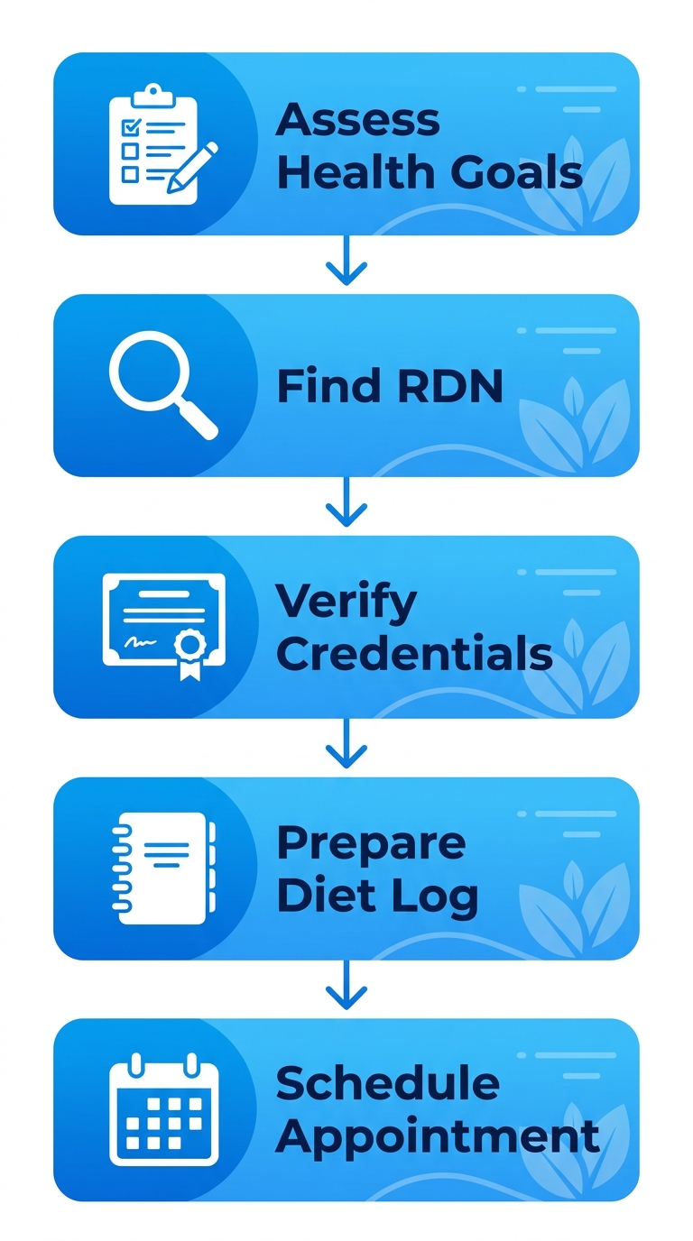 Vertical process flow diagram of five steps to start nutritional counseling