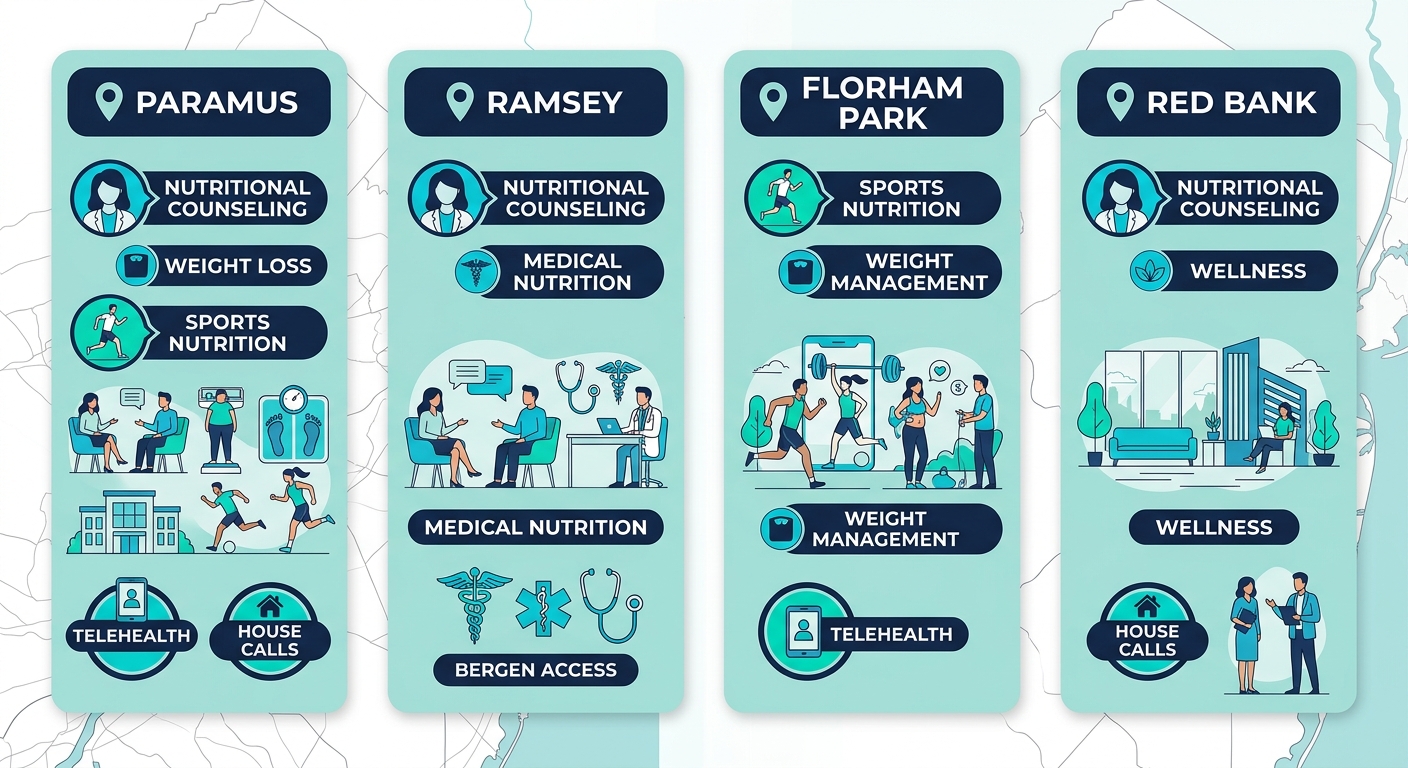 Infographic comparing nutritional counseling services at four North Jersey clinic locations with accessibility features