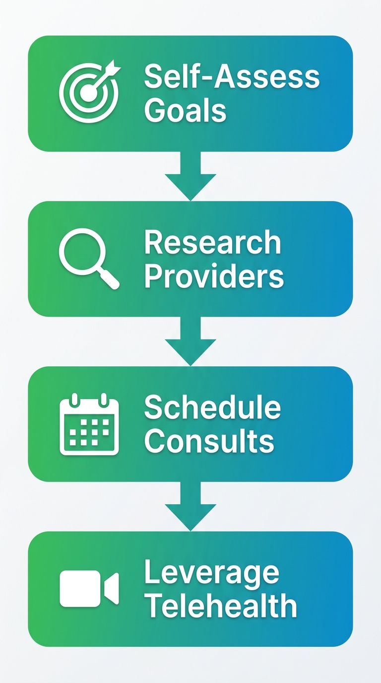 Vertical process flow diagram illustrating four steps to start wellness services in New Jersey: self-assess goals, research providers, schedule consultations, leverage telehealth.