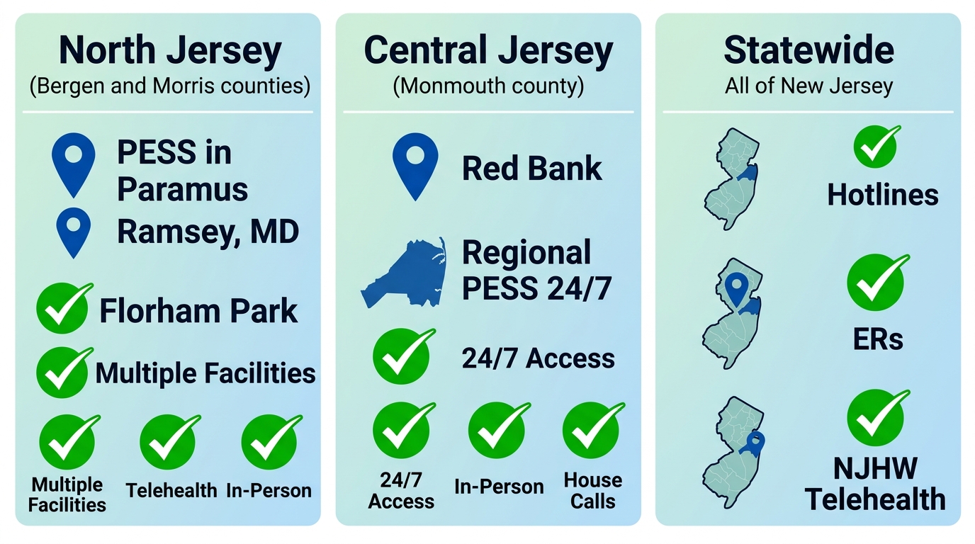 Infographic comparing urgent psychiatric care availability in North Jersey, Central Jersey, and statewide regions with NJHW locations and services.