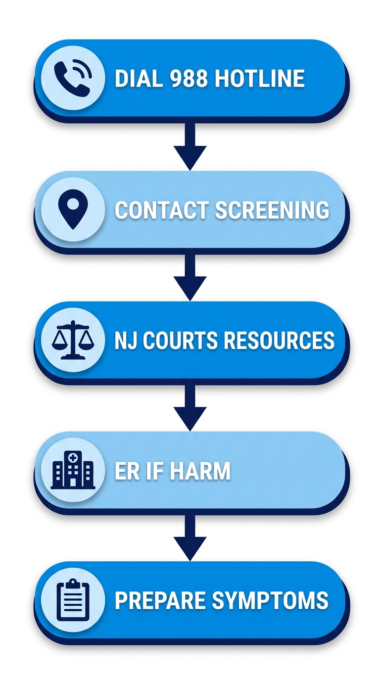 Vertical process flow of 5 steps for seeking urgent psychiatric help in New Jersey: dial hotline, contact screening service, use court resources, go to ER, prepare info.