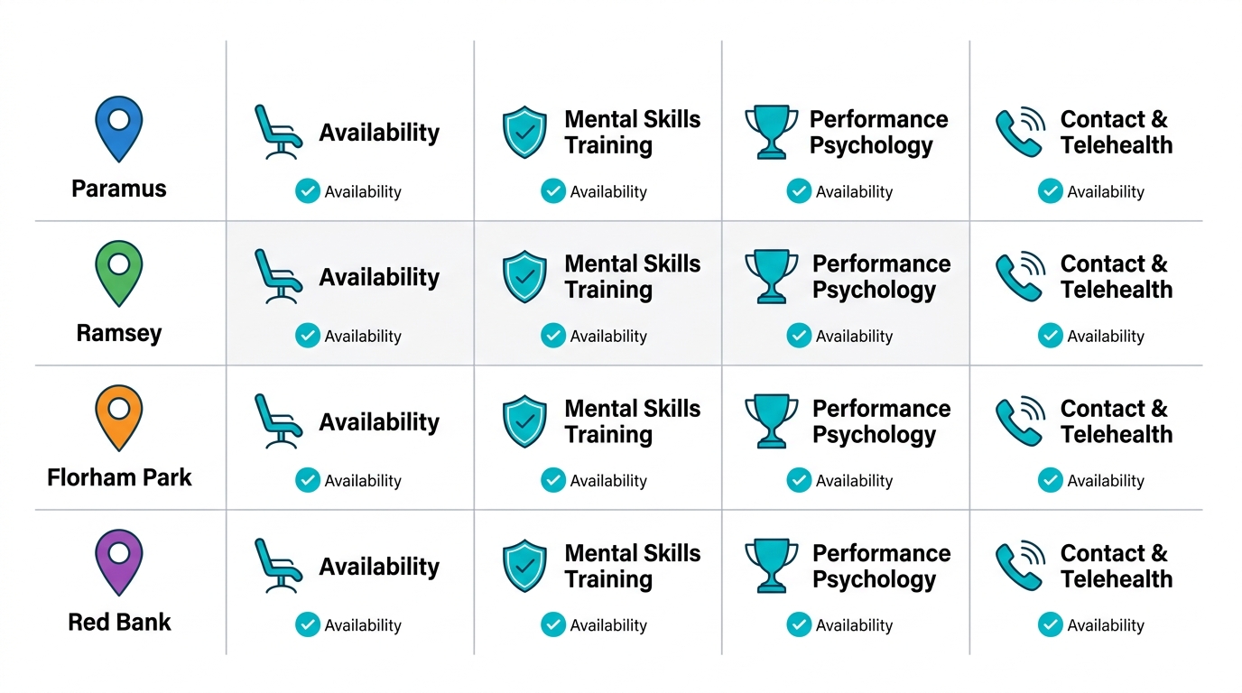 Infographic table comparing sports psychology services availability, mental skills training, performance psychology, and telehealth contacts across Paramus, Ramsey, Florham Park, and Red Bank locations of North Jersey Health & Wellness.