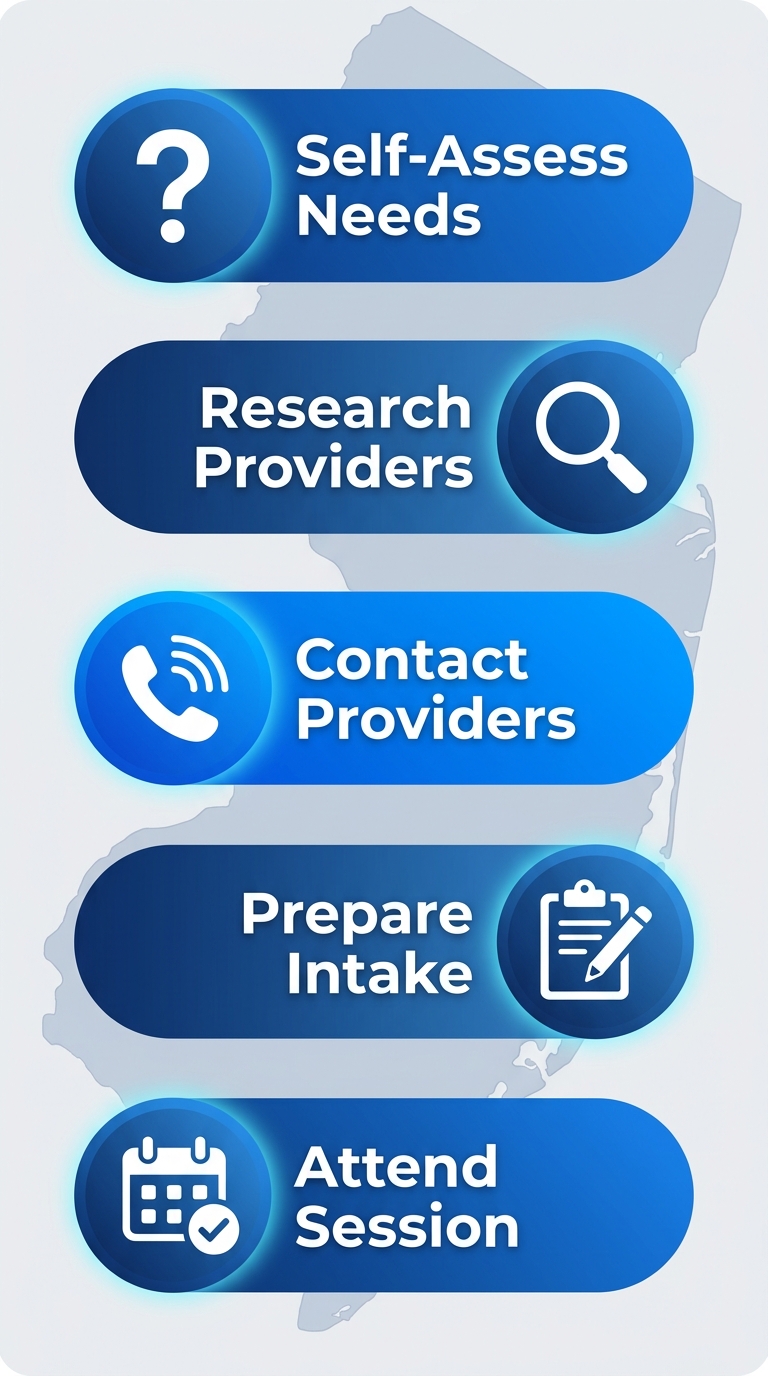 Vertical process flow diagram with five stages for starting sports psychology treatment in NJ: self-assess needs, research providers, contact providers, prepare intake forms, attend session, featuring relevant icons and subtle NJ outline.