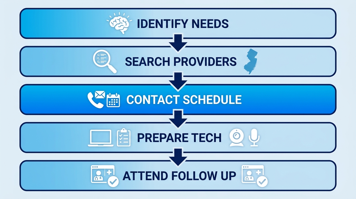 Vertical process flow illustrating 5 steps to start telehealth: identify needs, search providers, contact to schedule, prepare tech and questions, attend and follow up.