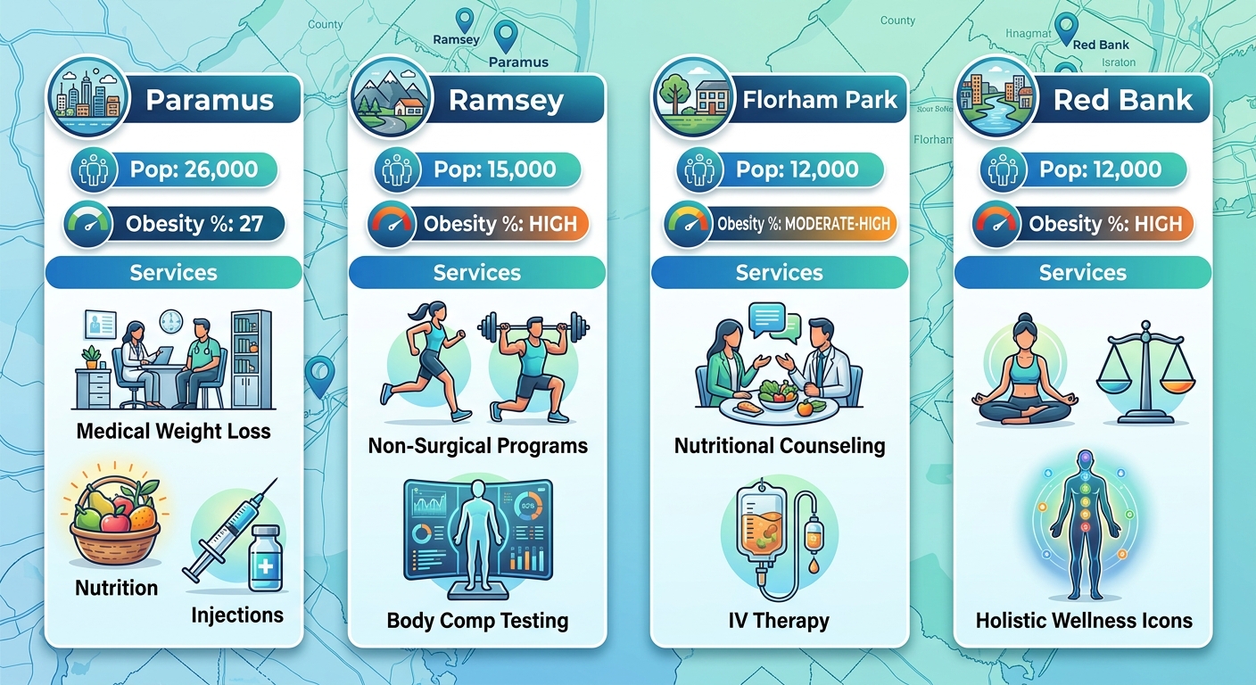 Infographic showing weight management services and obesity indicators across NJHW clinic locations in New Jersey