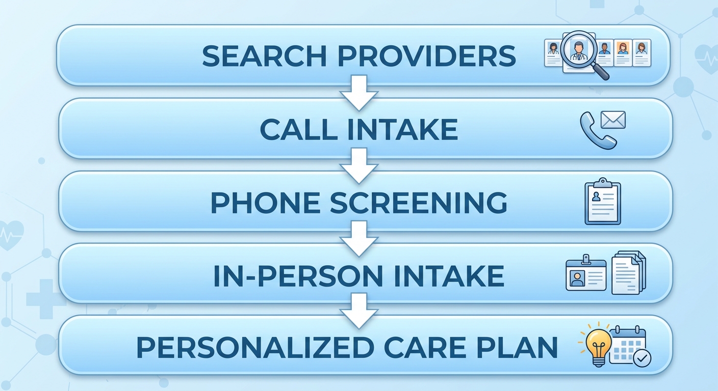 Vertical process flow diagram of five steps to start care at North Jersey Health & Wellness: search providers, call intake, phone screening, in-person intake, personalized care plan with icons.