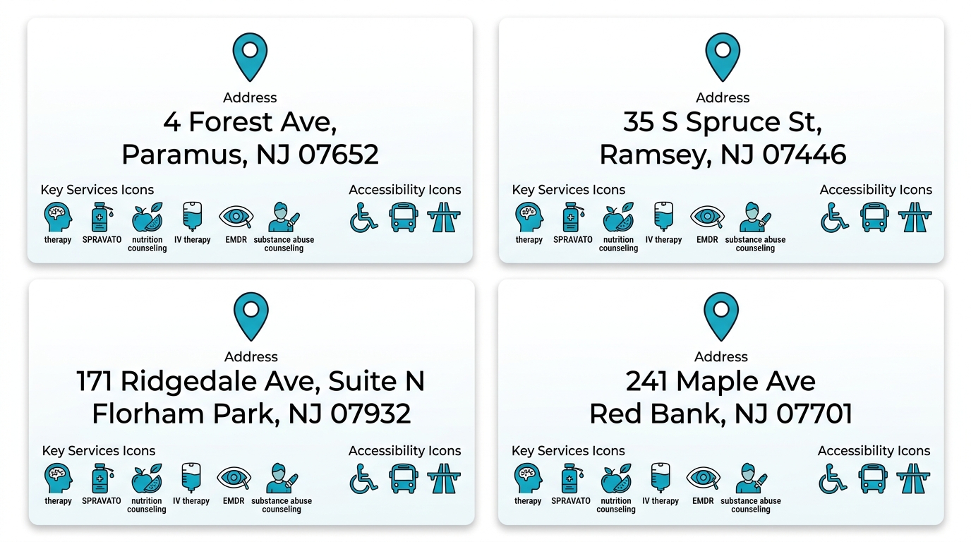 Infographic grid comparing four North Jersey clinic locations with addresses, services icons, and accessibility features