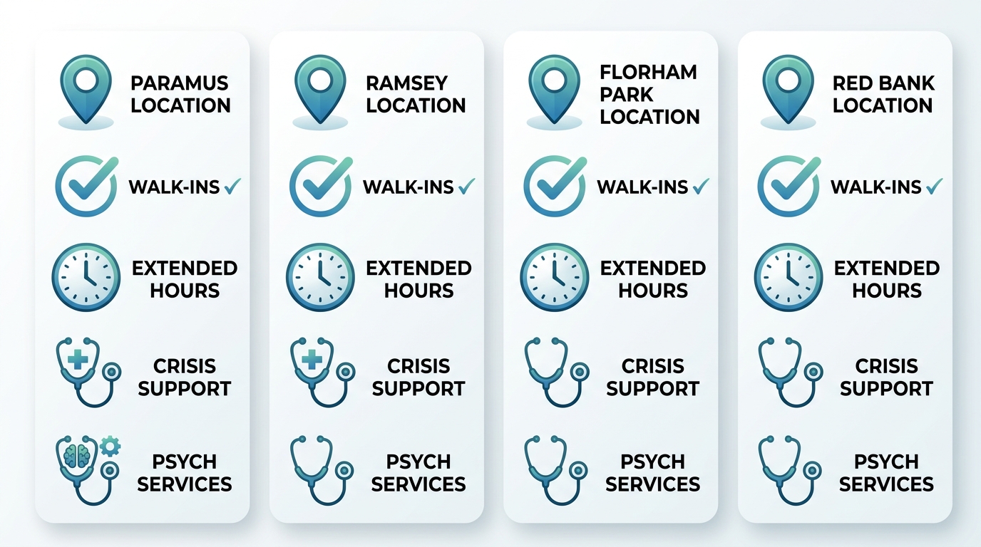 Mental Health Urgent Care Paramus NJ 1 Infographic comparing urgent mental health care services across North Jersey Health & Wellness locations: Paramus, Ramsey, Florham Park, Red Bank