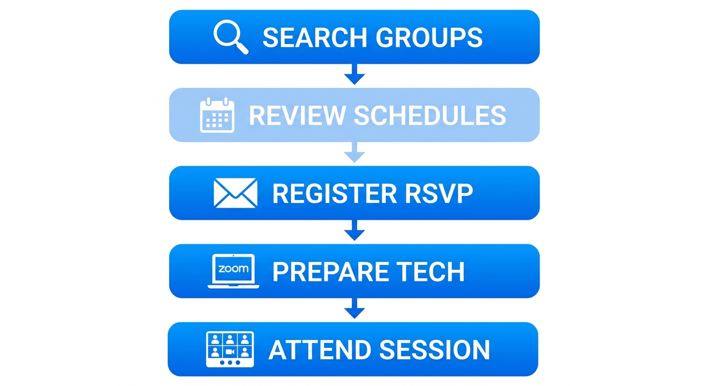 Vertical process flow diagram illustrating 5 steps to begin virtual nutrition group therapy
