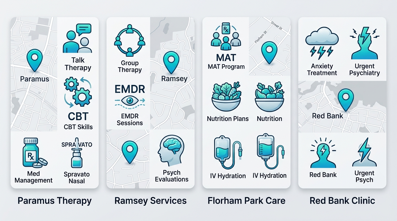 Infographic comparing North Jersey Health & Wellness clinic locations near Paramus for anxiety treatment with service icons