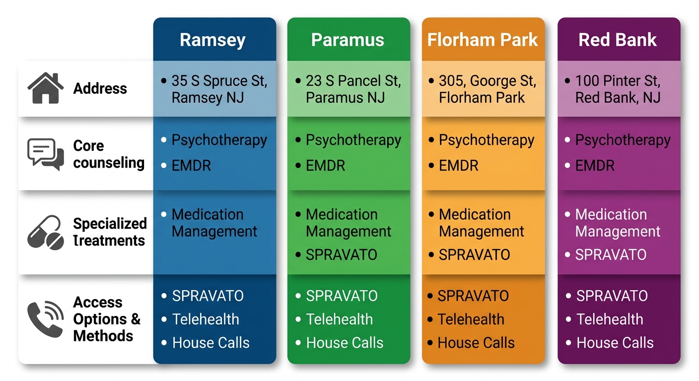Infographic comparing depression counseling and treatment services across North Jersey Health & Wellness locations in Ramsey, Paramus, Florham Park, and Red Bank