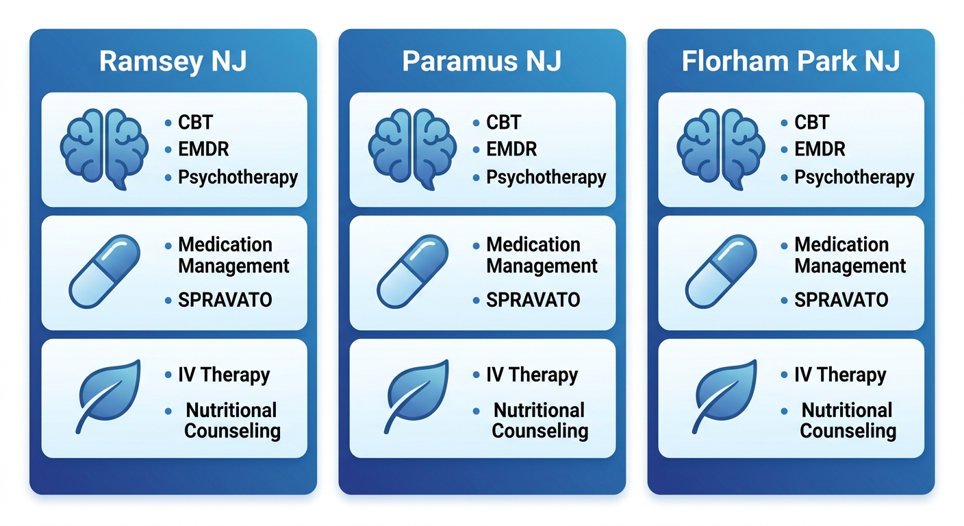 Infographic comparing panic attack treatment services including therapy options, medications, and wellness at Ramsey, Paramus, and Florham Park NJ locations