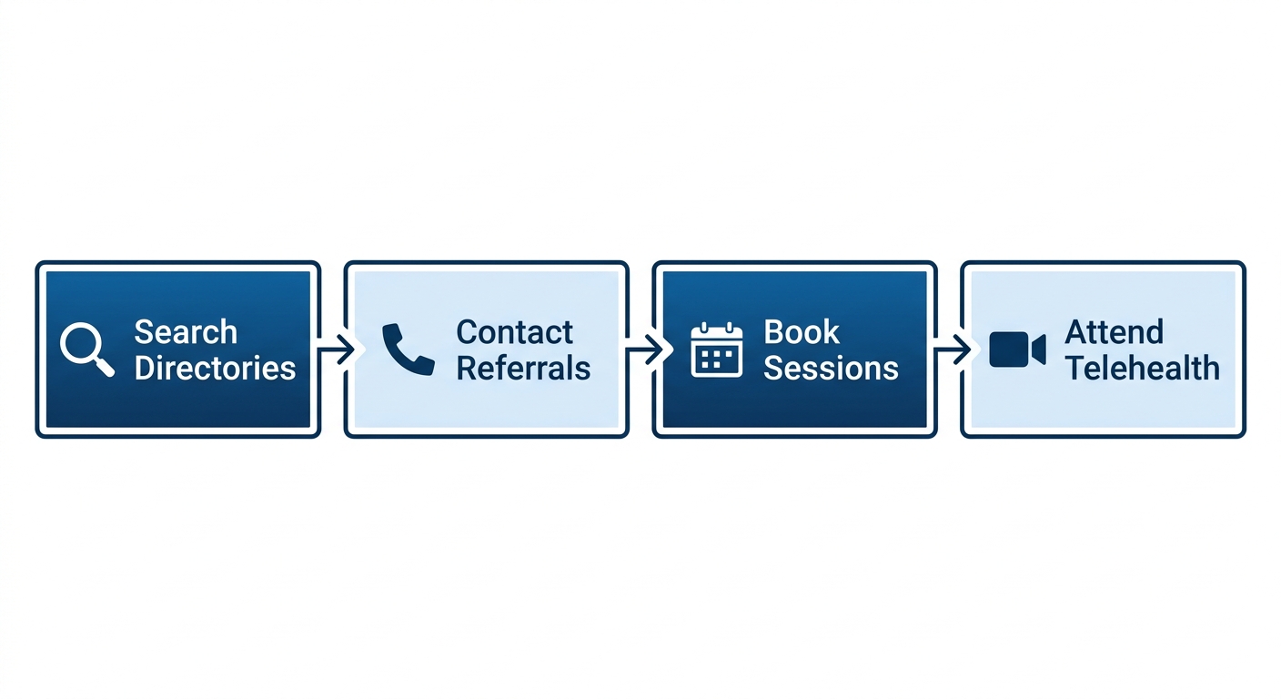 Horizontal process flow diagram with 4 steps to access panic attack treatment in Ramsey, NJ