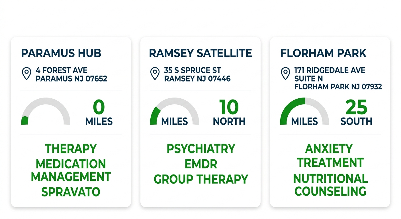 Infographic showing North Jersey Health & Wellness clinic locations near Paramus with addresses, services, and distances
