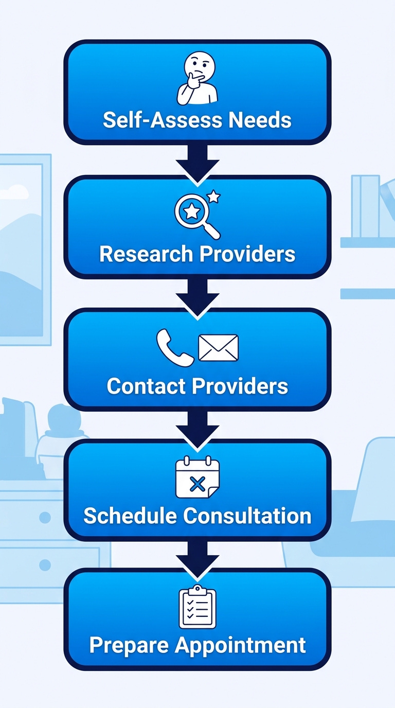Vertical process flow diagram illustrating five steps to start mental health support near Paramus: self-assess needs, research providers, contact providers, schedule consultation, prepare appointment.
