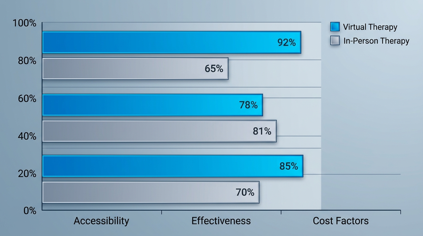 Virtual Therapy New Jersey Njhwllc 1 Horizontal bar chart comparing virtual and in-person therapy accessibility, effectiveness, and cost factors in New Jersey.