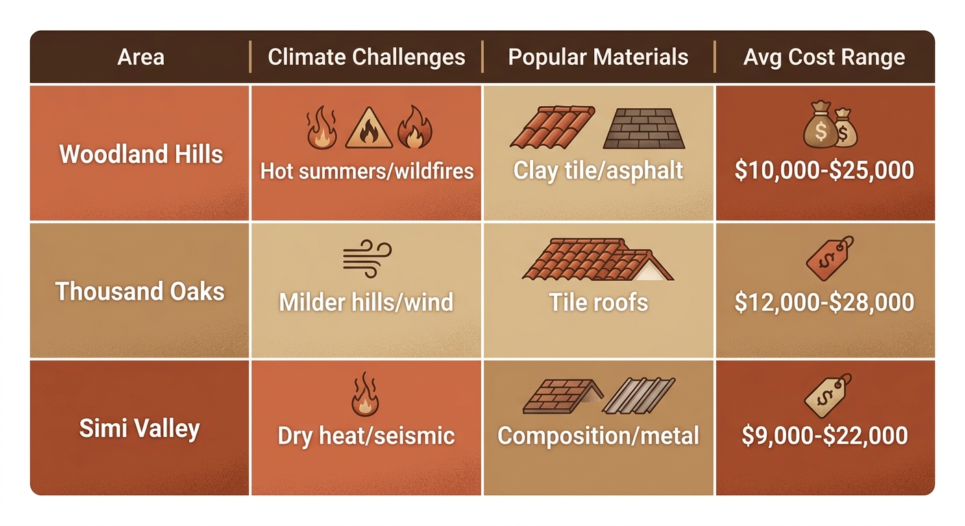 Infographic table comparing roofing climate challenges, materials, and average replacement costs in Woodland Hills, Thousand Oaks, and Simi Valley.