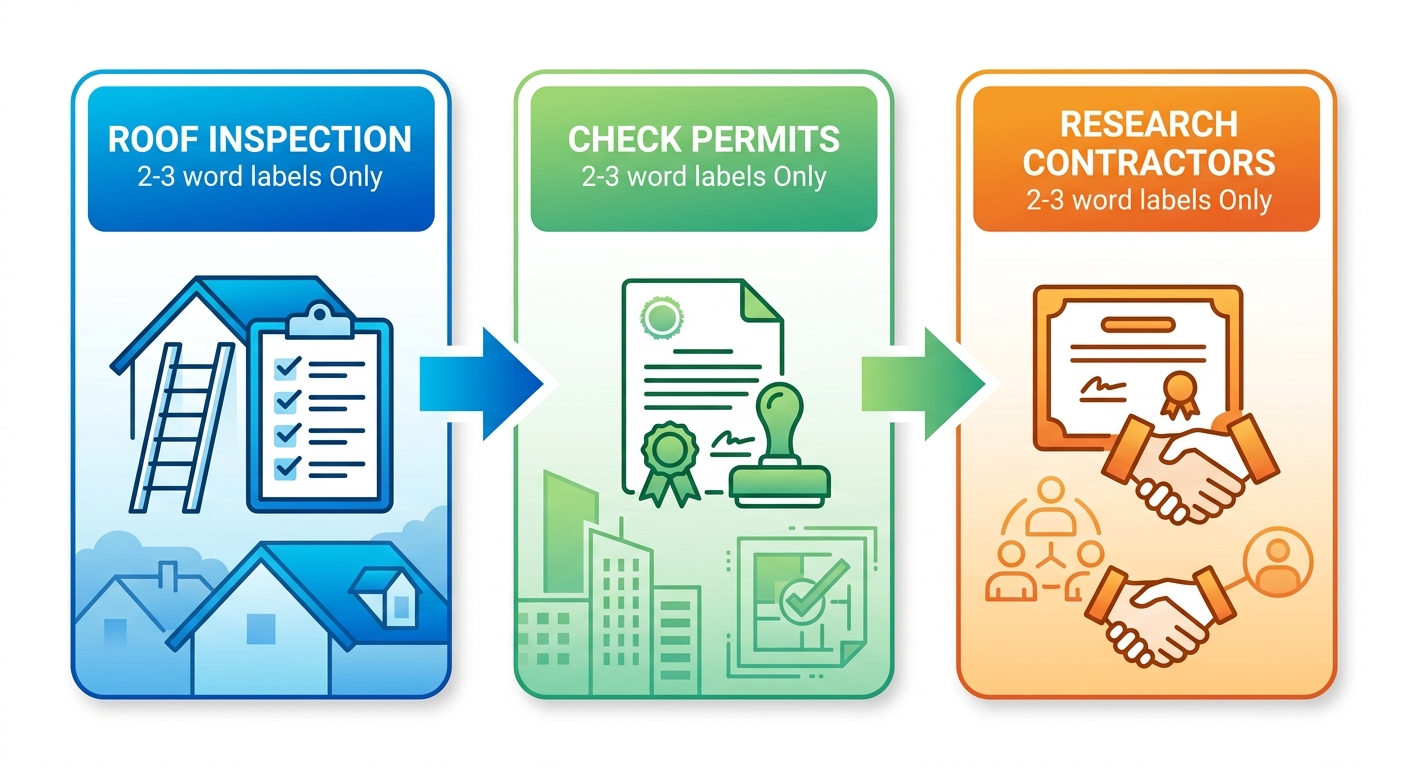 Horizontal process flow diagram showing three steps to start a roofing project: roof inspection, permit check, and contractor research with icons and arrows