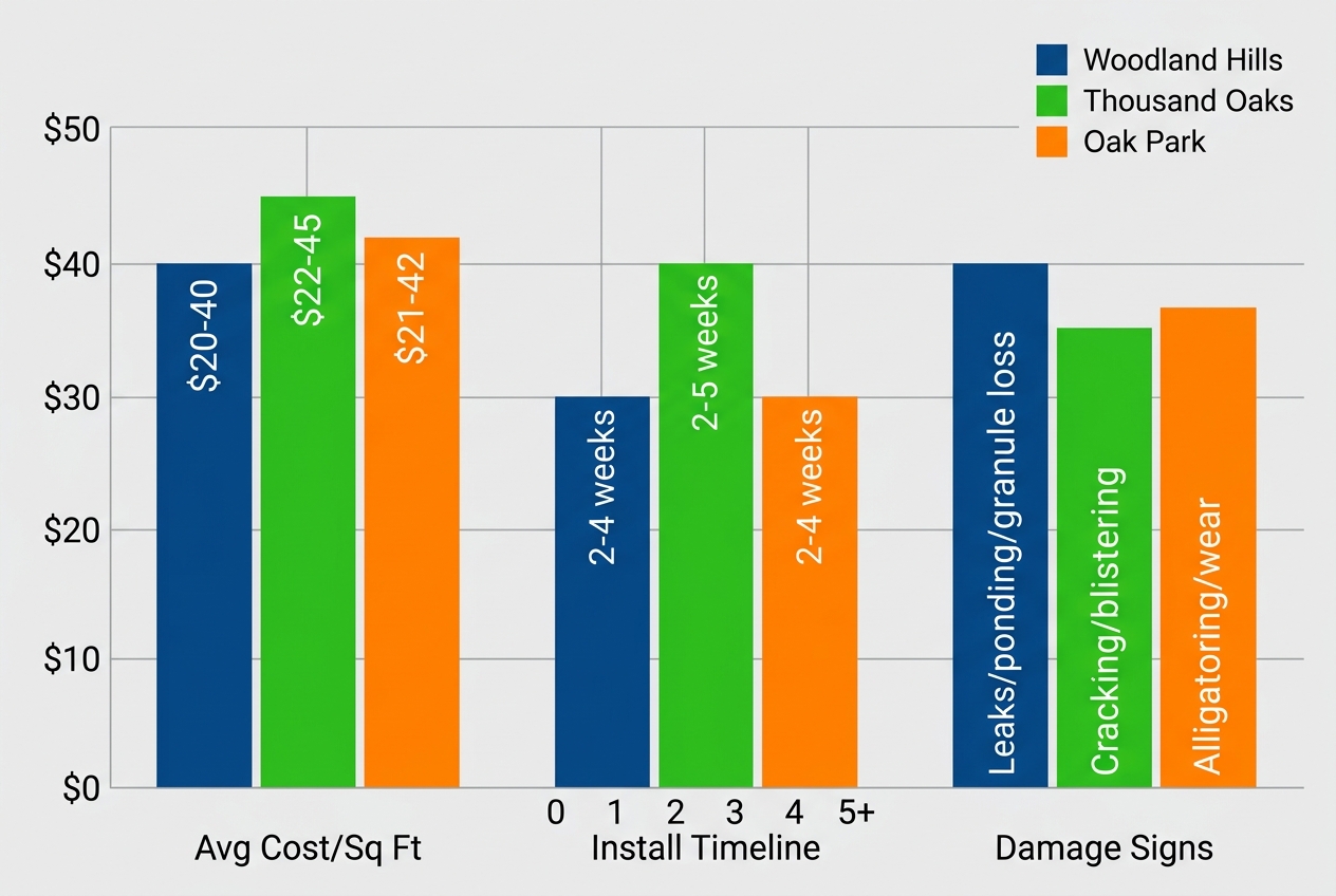 Bar chart comparing commercial roofing costs, timelines, and damage signs in Woodland Hills, Thousand Oaks, and Oak Park.