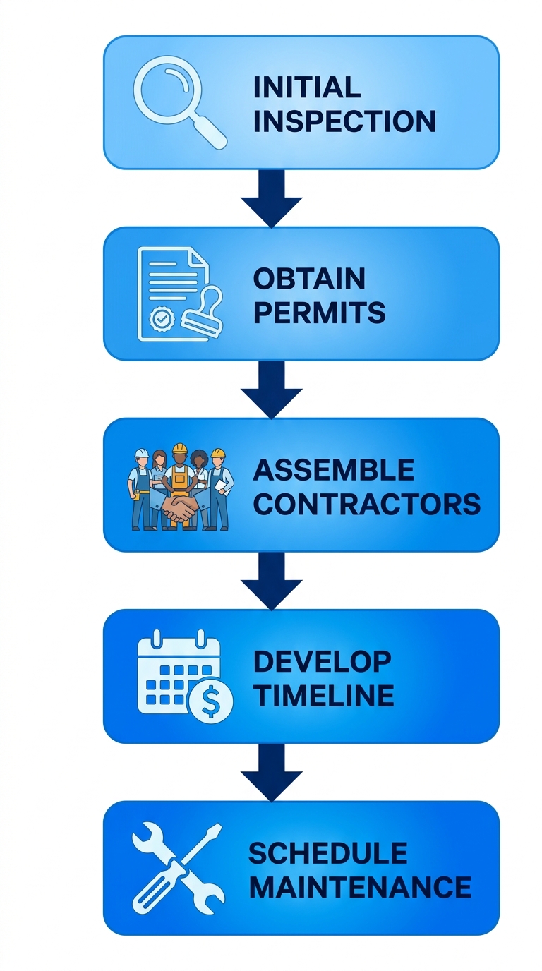 Vertical process flow diagram illustrating 5 steps to initiate commercial roofing projects: inspection, permits, team assembly, planning, and maintenance.