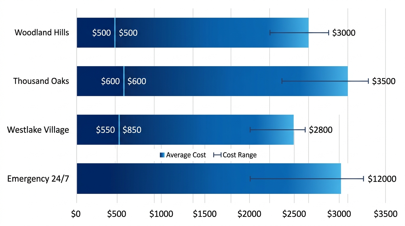 Horizontal bar chart comparing roofing repair cost ranges in Woodland Hills, Thousand Oaks, Westlake Village, and emergency services ratings