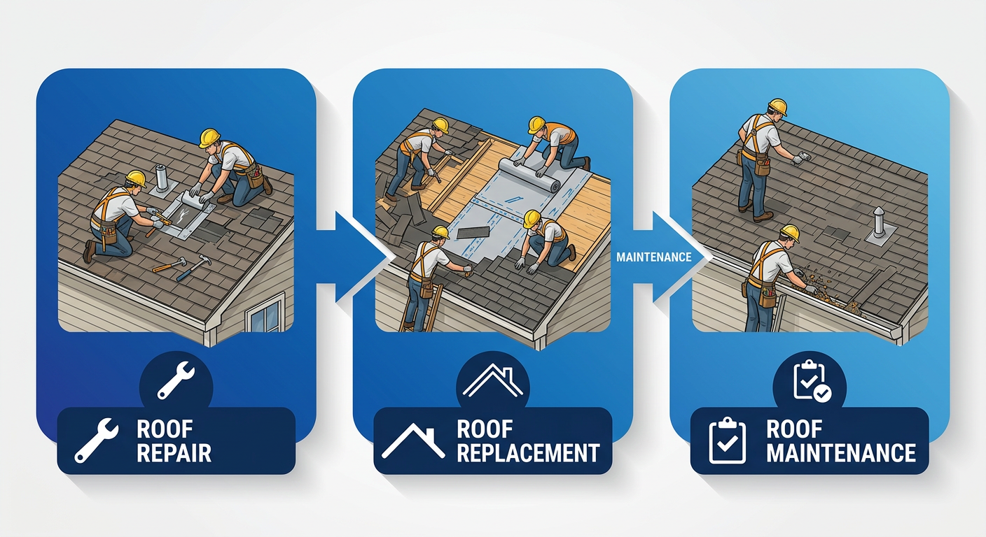 Process flow diagram of three roofing service stages: Roof Repair with wrench icon, Roof Replacement with roof icon, Maintenance with checklist icon, connected by arrows in blue gradient rounded boxes on light gray background.