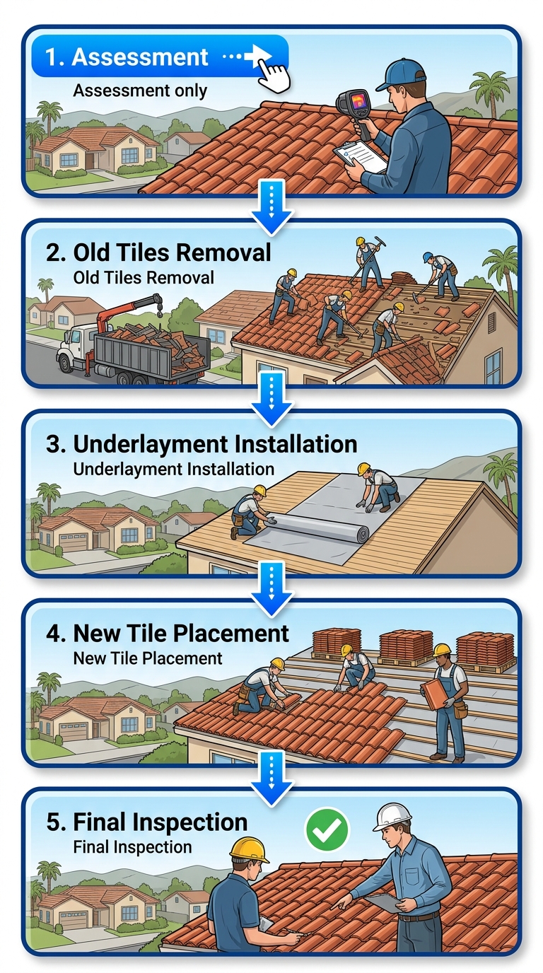 Vertical process flow diagram of five stages in roof replacement: assessment, old tiles removal, underlayment installation, new tile placement, final inspection with icons.