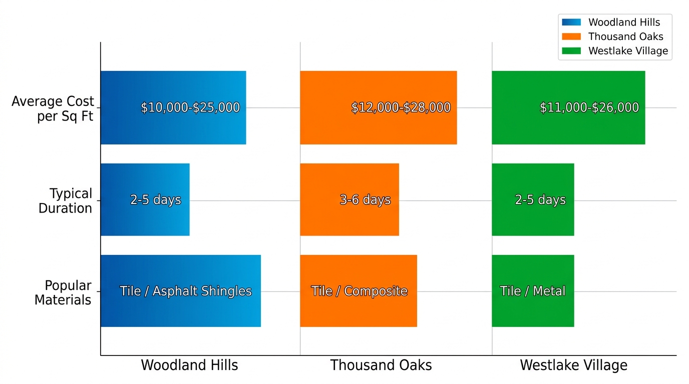 Horizontal grouped bar chart comparing roof replacement metrics including cost, duration, and materials in Woodland Hills, Thousand Oaks, and Westlake Village