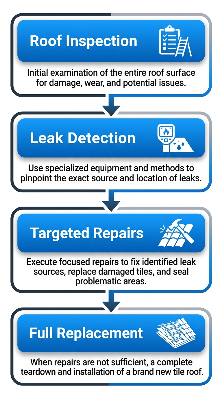 Vertical process flow diagram of four tile roof services in Woodland Hills: inspection, leak detection, targeted repairs, full replacement