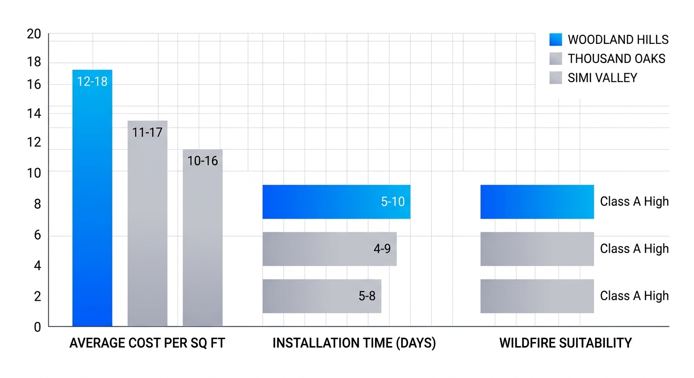 Bar chart comparing tile roofing costs, installation times, and wildfire suitability across Woodland Hills, Thousand Oaks, and Simi Valley, highlighting Woodland Hills.