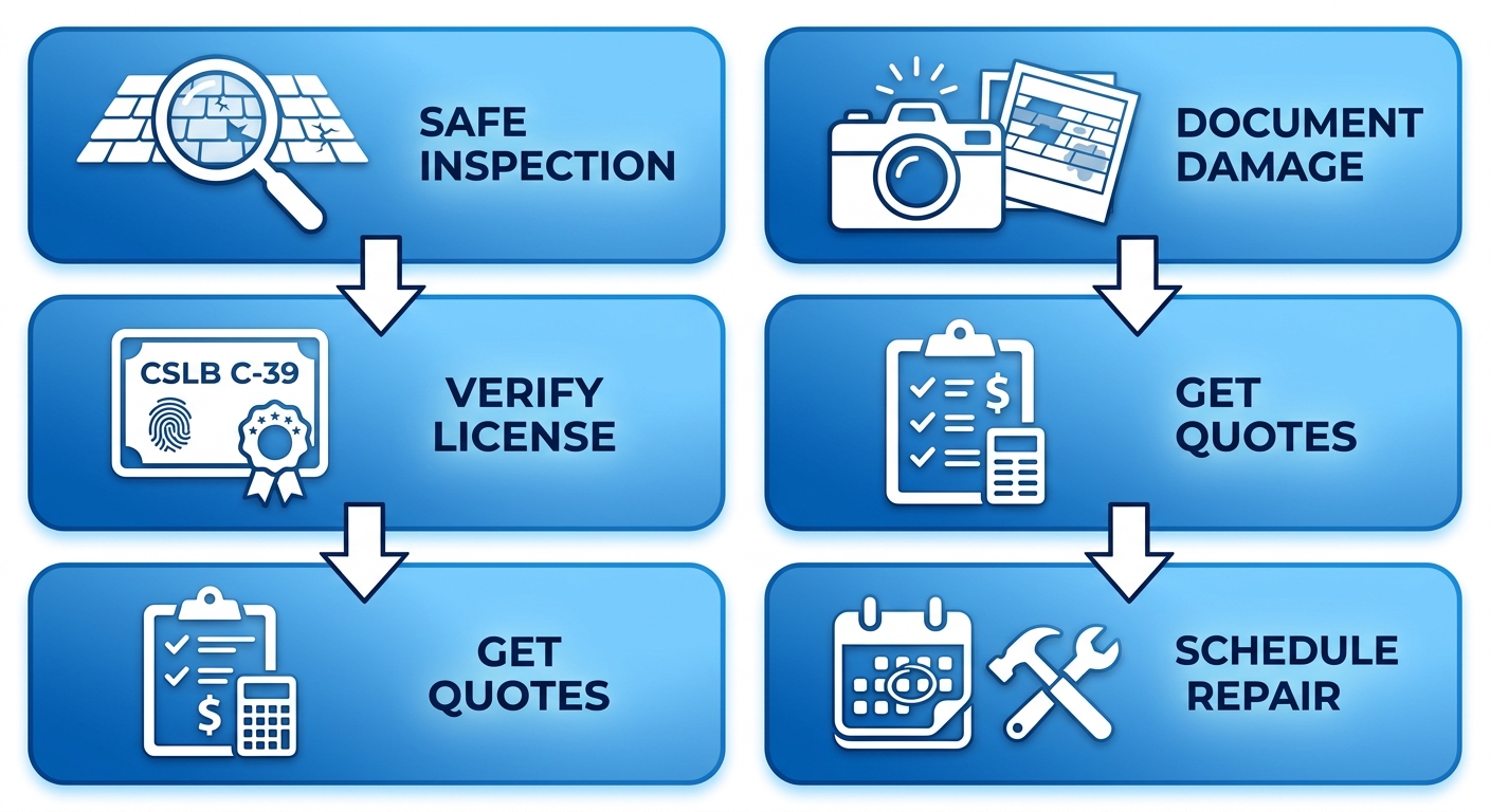 Vertical process flow diagram showing 5 steps to initiate roof repair in Tarzana: safe inspection, document damage, verify C-39 license, get quotes and references, schedule inspection.