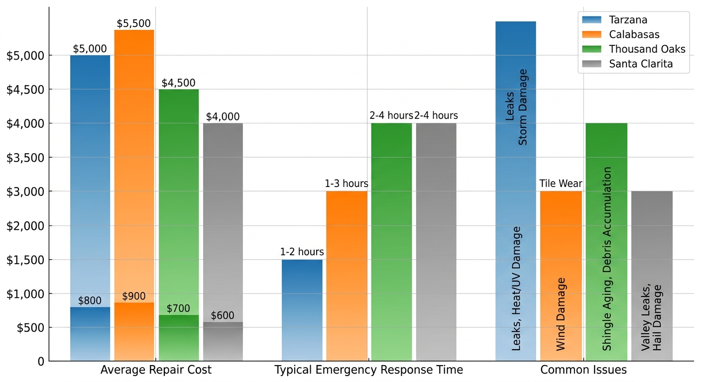 Bar chart comparing roof repair costs, emergency response times, and common issues in Tarzana versus Calabasas, Thousand Oaks, and Santa Clarita