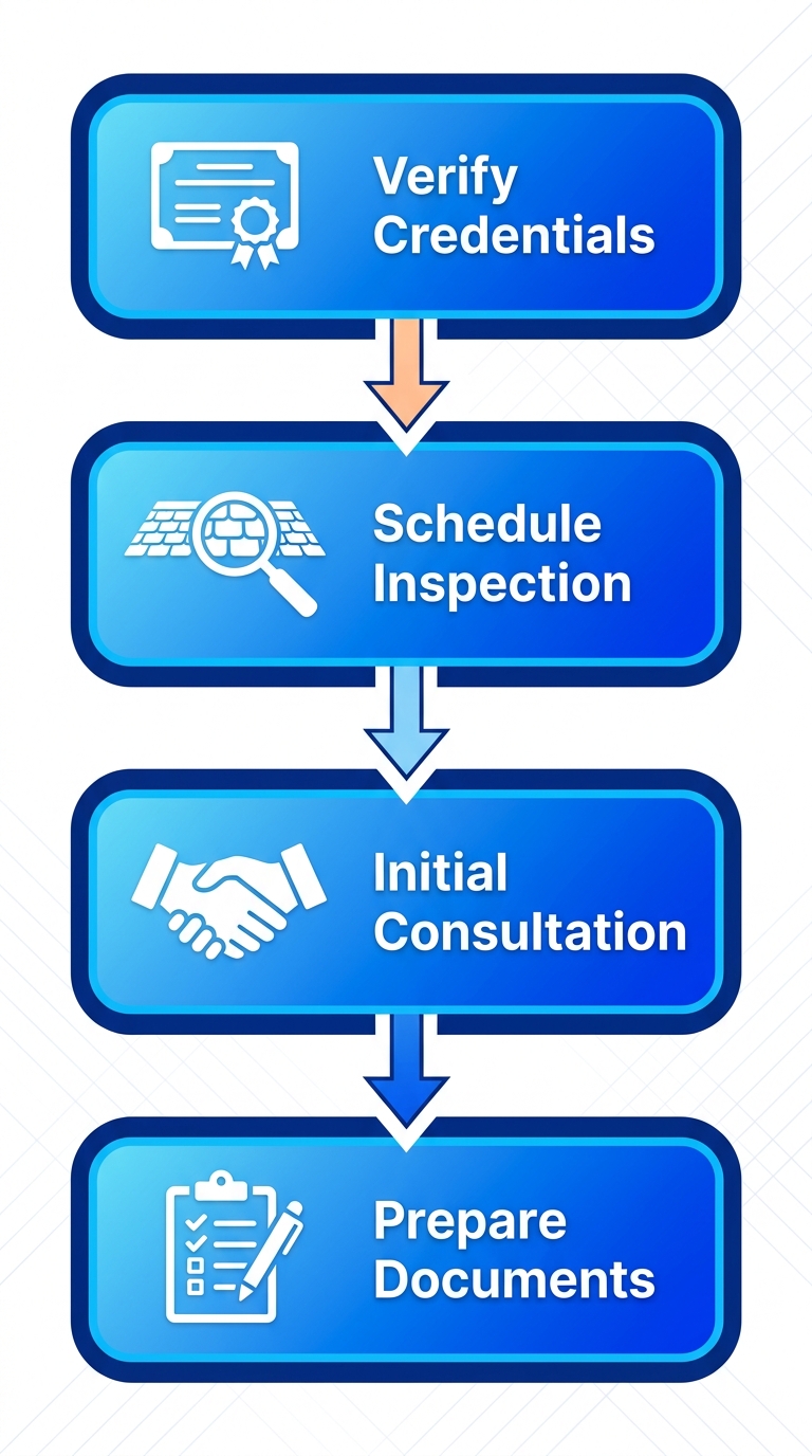Vertical process flow diagram illustrating four key steps to start with a Tarzana roofing contractor: verify credentials, schedule inspection, consultation and quote, prepare documents, with relevant icons.