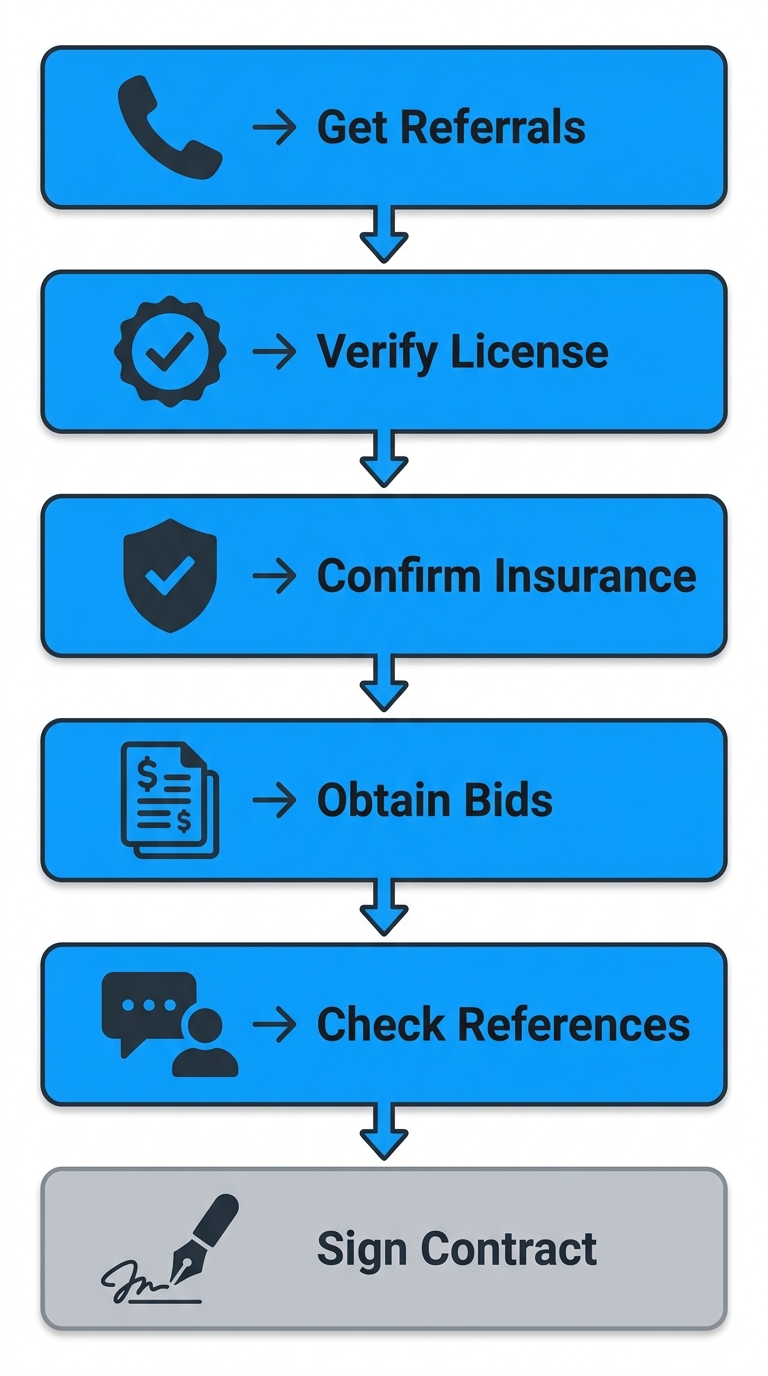 Vertical process flow diagram of six steps to hire a reliable Tarzana roofer: get referrals, verify license, confirm insurance, obtain bids, check references, sign contract.
