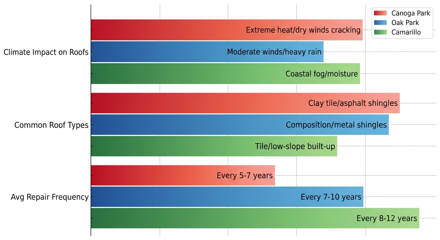 Horizontal grouped bar chart comparing climate impact, roof types, and repair frequencies for Canoga Park, Oak Park, and Camarillo roofing environments.