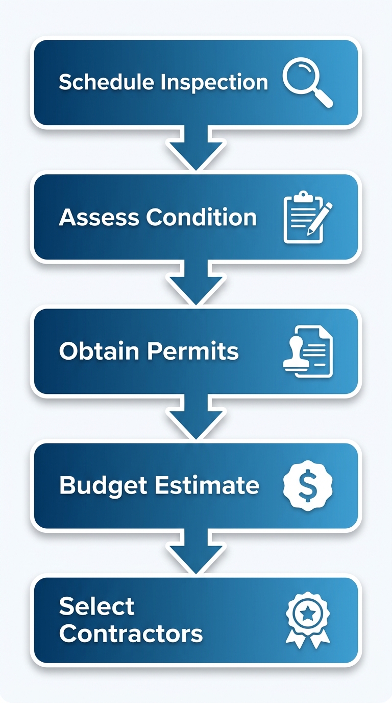 Vertical process flow diagram showing five steps for initiating roofing projects: Schedule Inspection, Assess Condition, Obtain Permits, Budget Estimate, Select Contractors with icons and arrows.