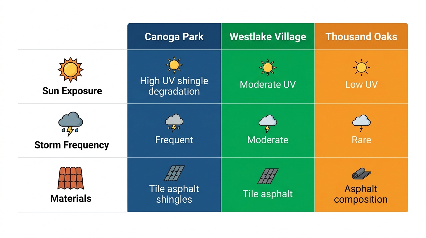 Infographic table comparing roofing challenges like sun exposure, storm frequency, and materials in Canoga Park, Westlake Village, Thousand Oaks with icons and color highlights
