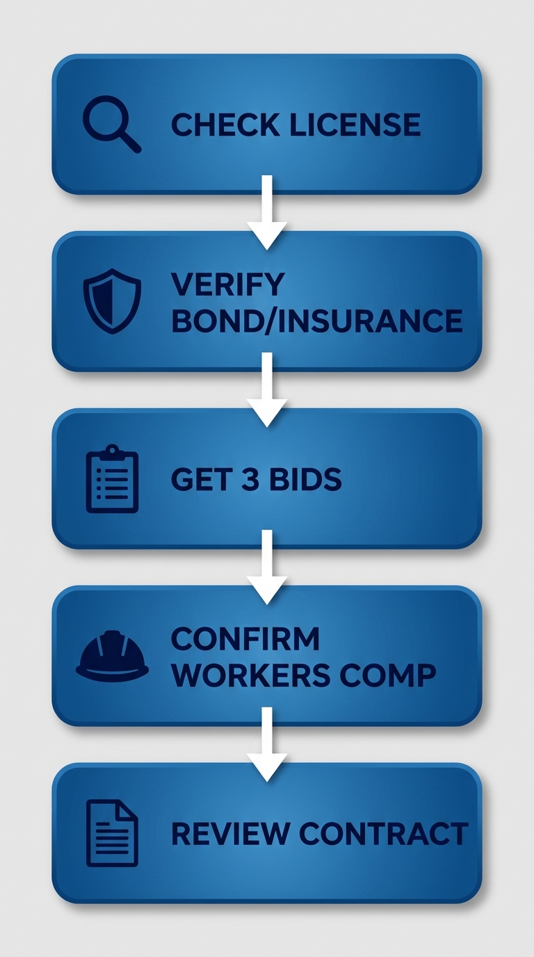 Vertical process flow diagram illustrating five steps to hire reliable roofing contractors: check license, verify insurance, get bids, confirm workers comp, review contract, with icons and minimal labels.
