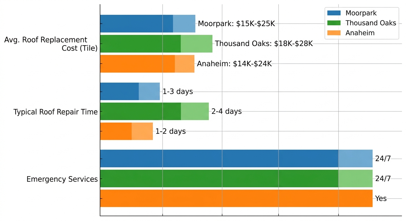 Horizontal bar chart comparing roofing costs, repair times, and emergency services in Moorpark versus Thousand Oaks and Anaheim