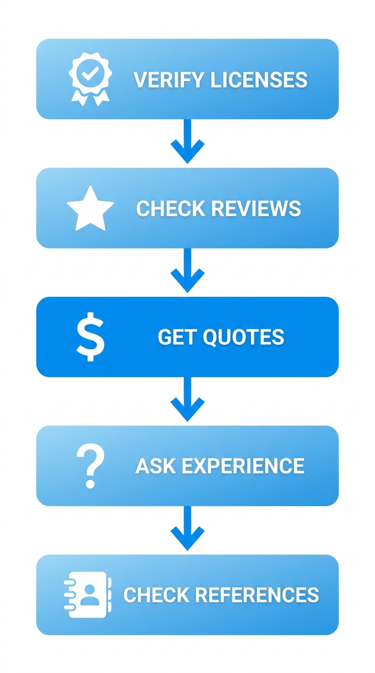 Vertical process flow diagram of 5 steps to select a roofing company: verify licenses, check reviews, get quotes, ask about experience, check references.