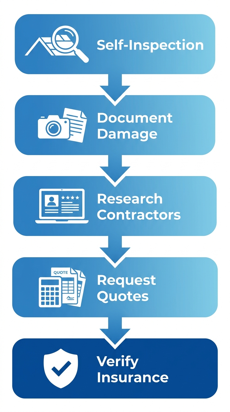Vertical process flow diagram of five steps to start a roofing project in Moorpark with icons and minimal labels