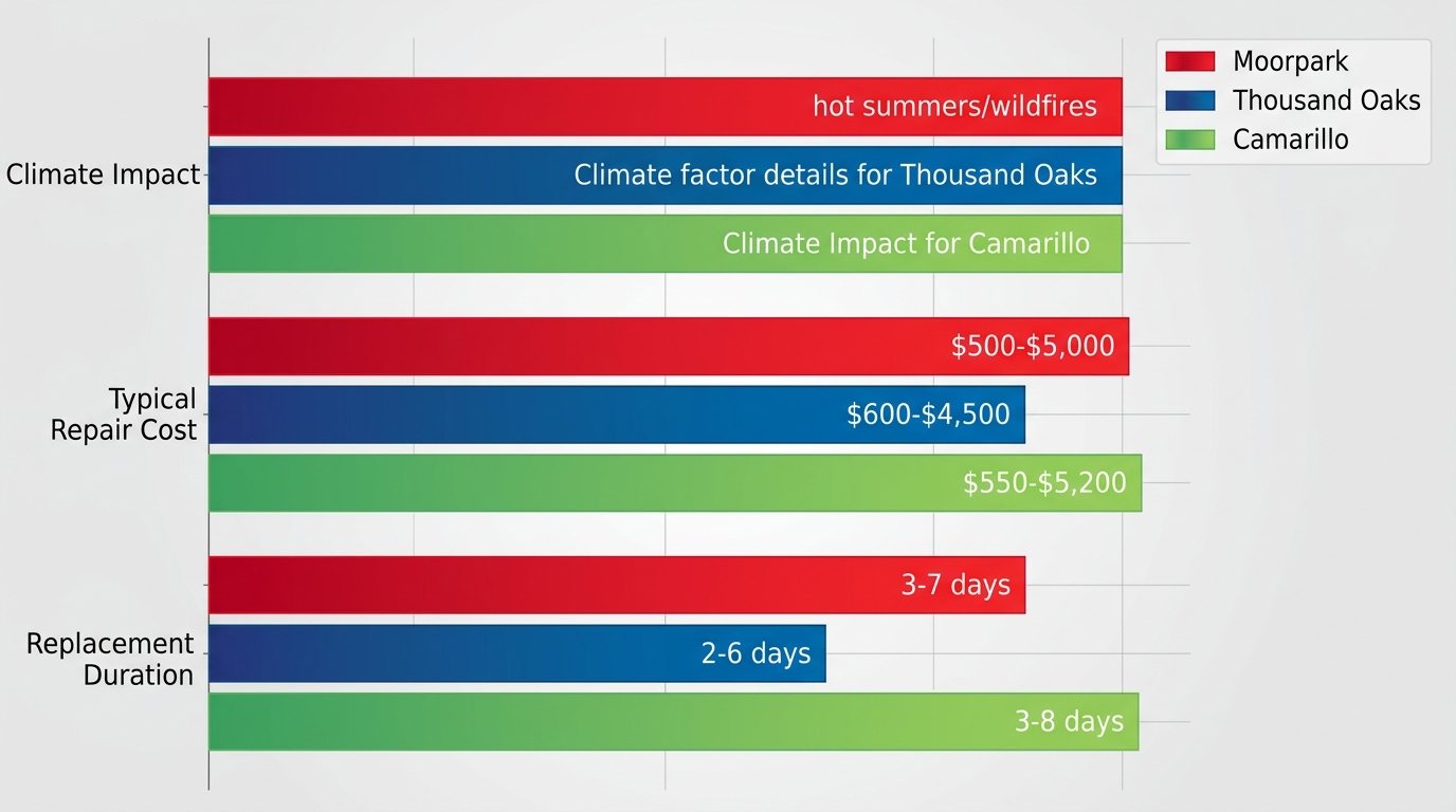 Horizontal bar chart comparing climate impact, repair costs, and replacement durations for roofing in Moorpark, Thousand Oaks, and Camarillo.