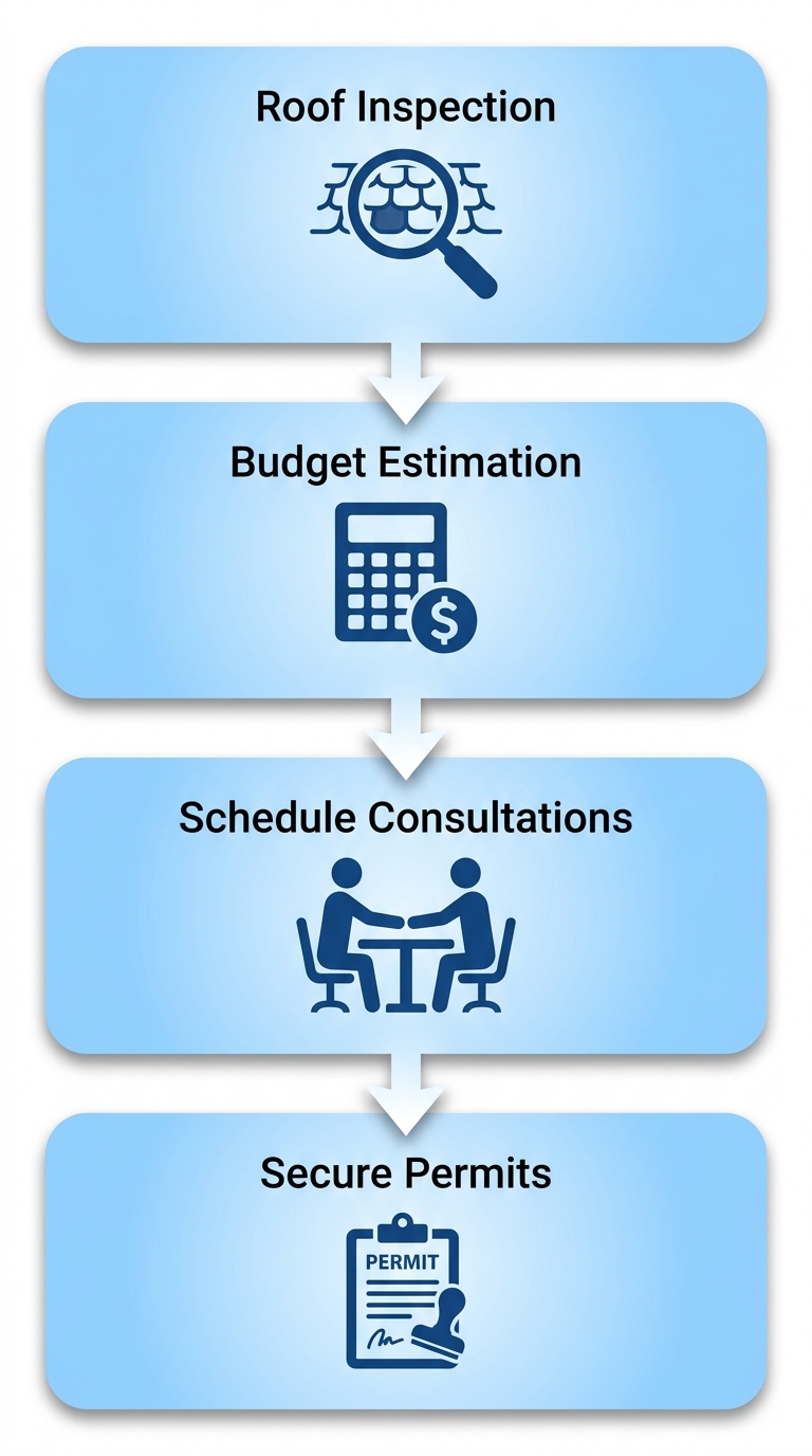Vertical process flow diagram of four steps for starting roof replacement in Moorpark: roof inspection, budget estimation, consultations, and permits with icons.