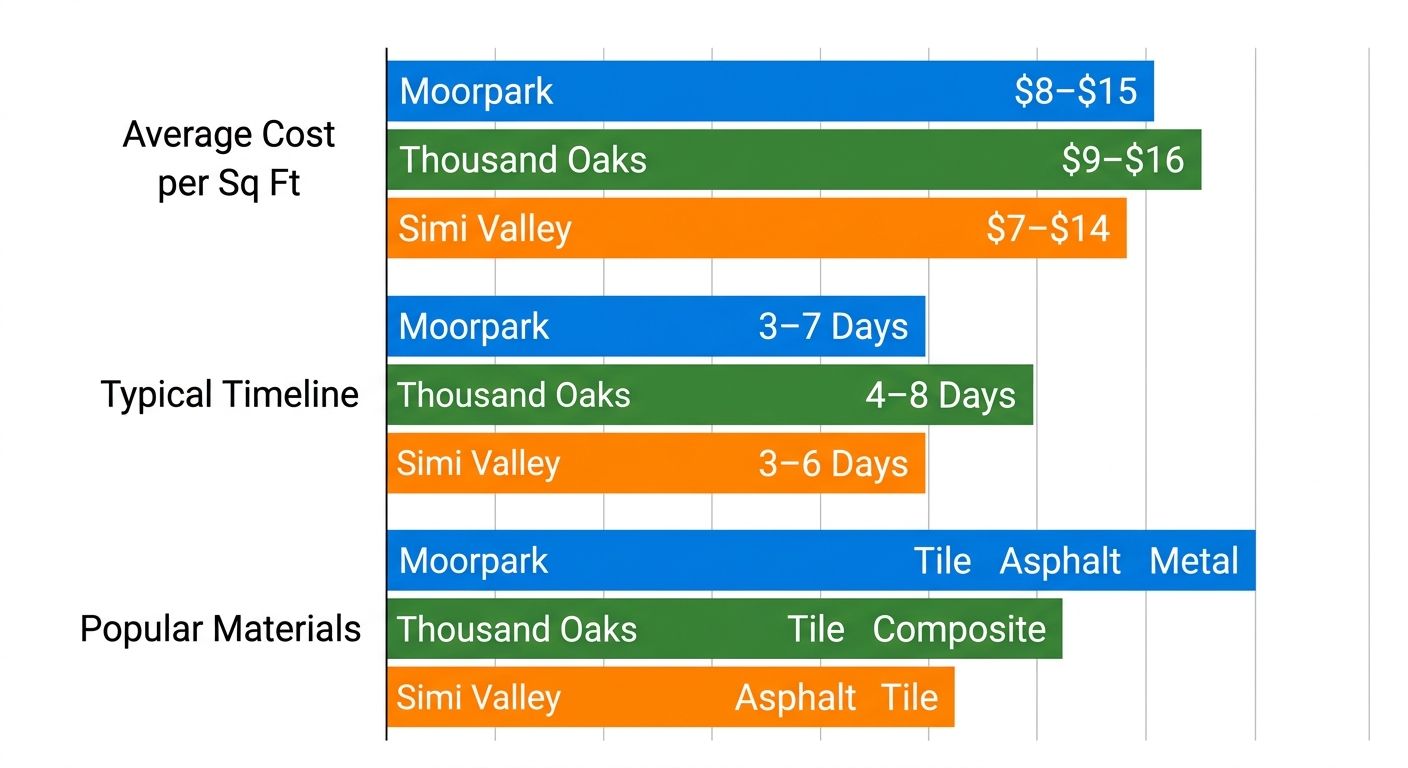 Horizontal bar chart comparing roof replacement costs, timelines, and materials across Moorpark, Thousand Oaks, and Simi Valley