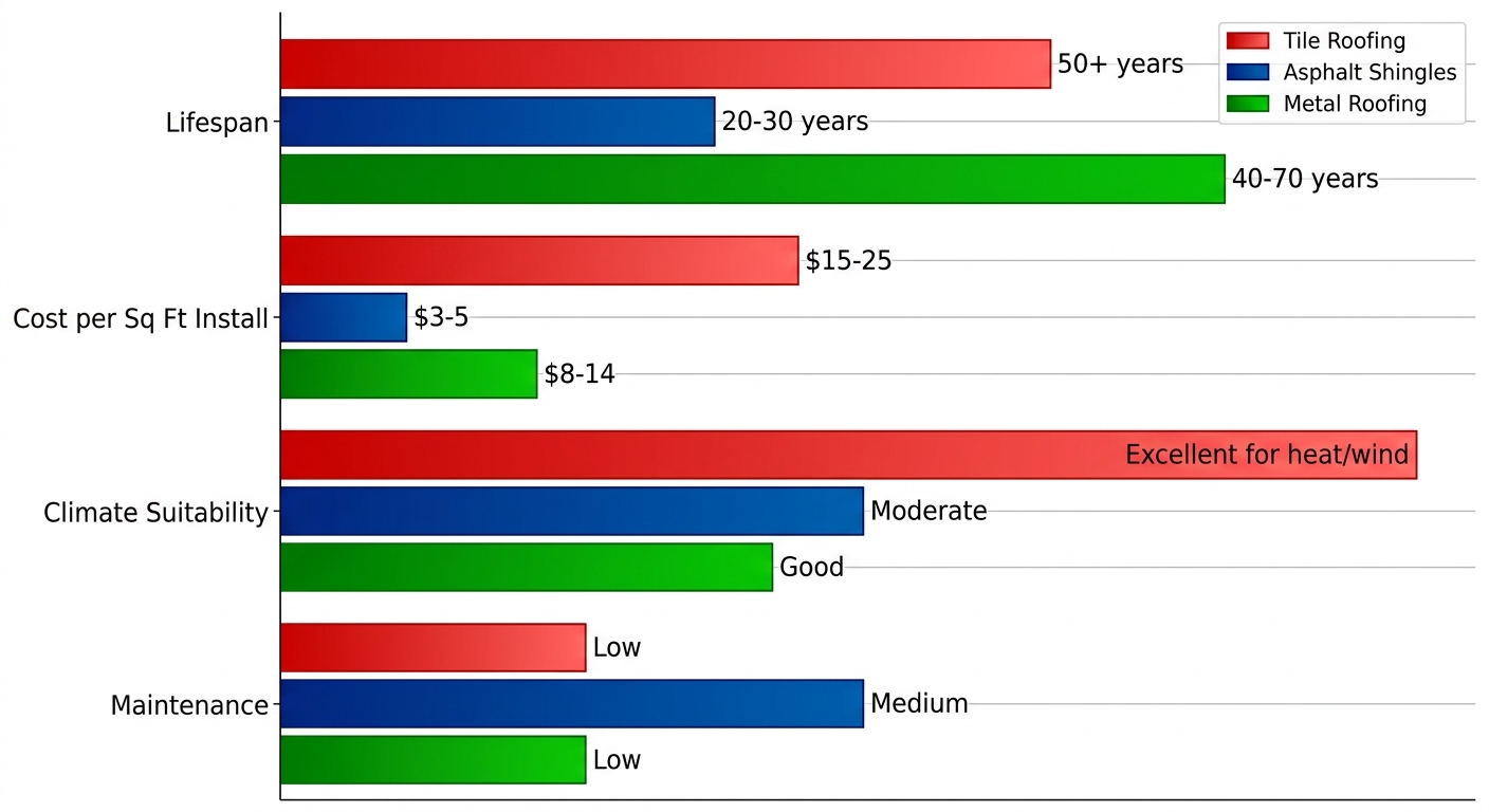 Grouped horizontal bar chart comparing tile, asphalt shingle, and metal roofing materials by lifespan, cost, climate suitability, and maintenance for Moorpark homes