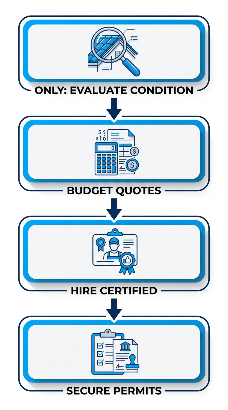 Vertical process flow diagram showing four steps to start a tile roof project: evaluate condition, budget quotes, hire certified professionals, secure permits.