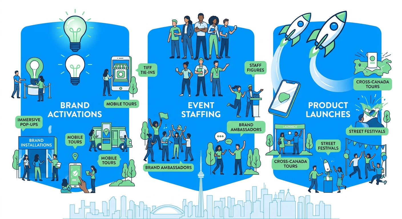 Infographic comparing core experiential marketing services in Toronto: brand activations, event staffing, and product launches with features and local applications.