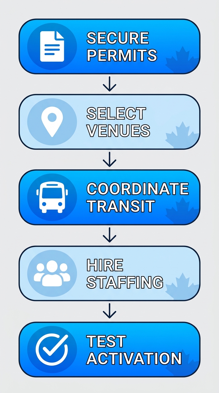 Vertical process flow diagram illustrating five stages to launch an experiential campaign in Toronto: secure permits, select venues, coordinate transit, hire staffing, test activation.