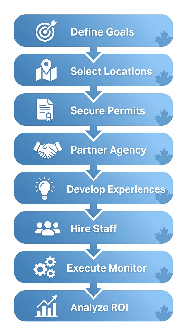 Vertical process flow illustrating 8 steps to launch an experiential marketing campaign in Toronto with icons and arrows