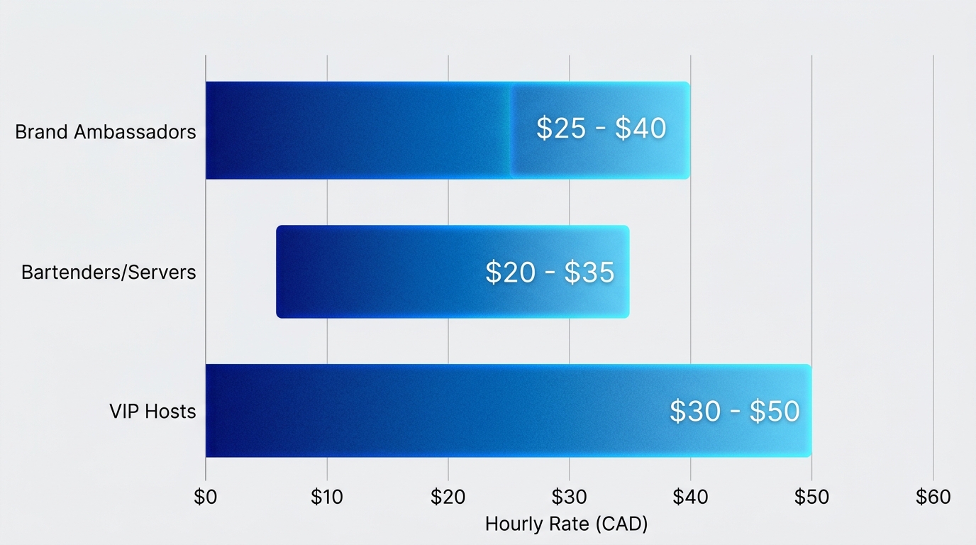 Horizontal bar chart comparing hourly wage ranges in CAD for Toronto event staff: Brand Ambassadors $25-40, Bartenders/Servers $20-35, VIP Hosts $30-50